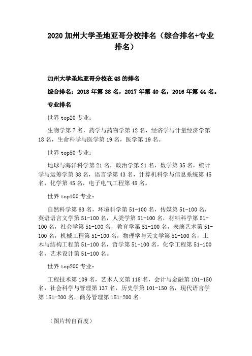 2020加州大学圣地亚哥分校排名(综合排名+专业排名)