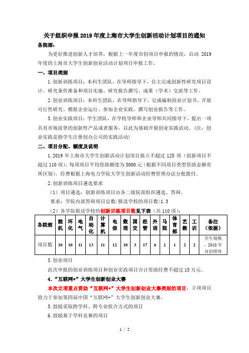 关于组织申报2019年度上海市大学生创新活动计划项目的通知