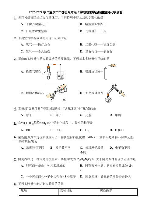 2023-2024学年重庆市丰都县九年级上学期期末学业质量监测化学试卷