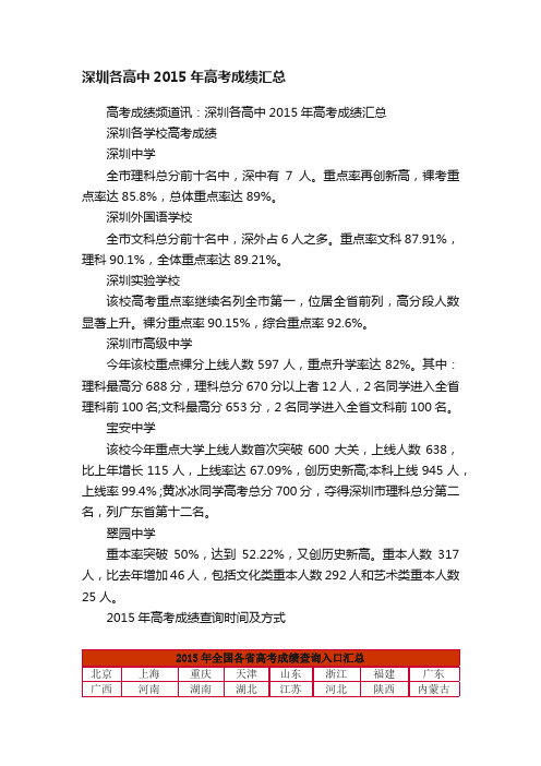 深圳各高中2015年高考成绩汇总