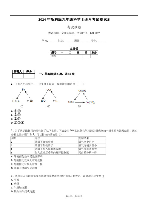 2024年新科版九年级科学上册月考试卷928