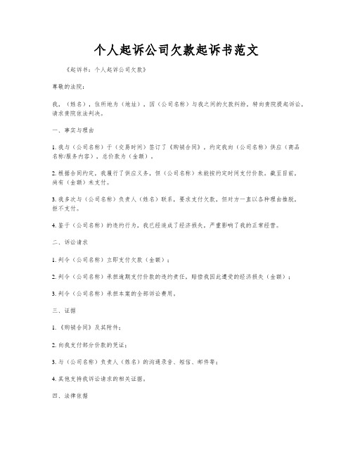 个人起诉公司欠款起诉书范文