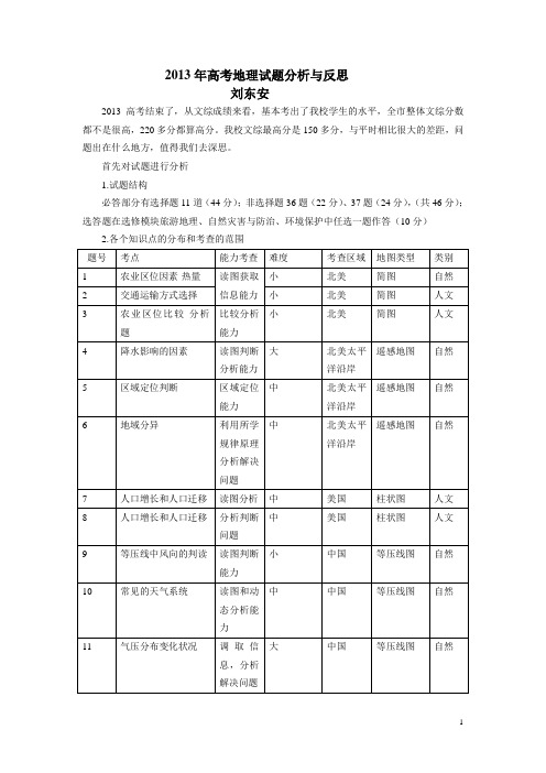 2013年高考地理试题分析与反思