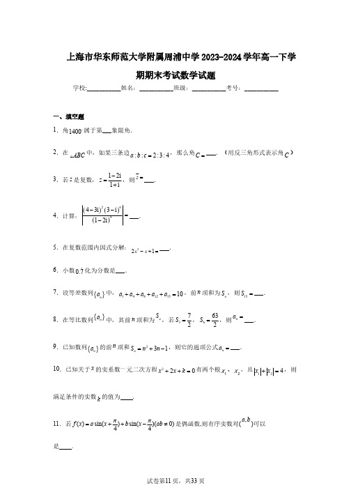 上海市华东师范大学附属周浦中学2023-2024学年高一下学期期末考试数学试题