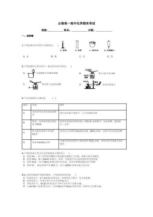 云南高一高中化学期末考试带答案解析
