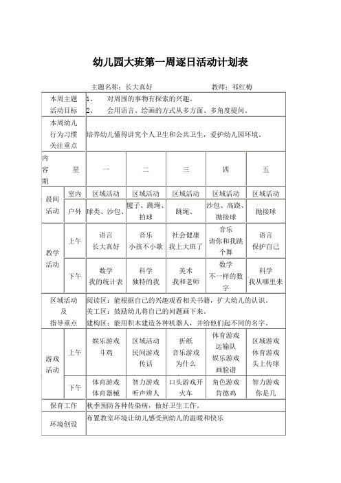 大班周计划表1