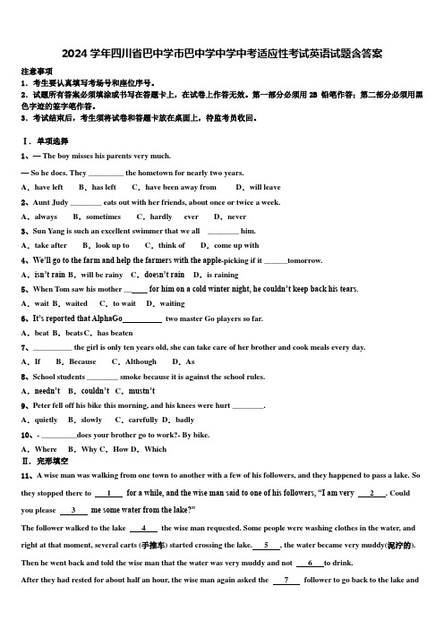 2024学年四川省巴中学市巴中学中学中考适应性考试英语试题含答案