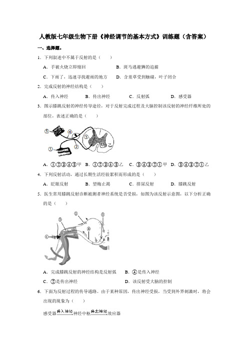 人教版七年级生物下册《神经调节的基本方式》训练题(含答案)