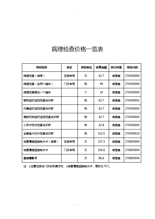 病理检查价格一览表