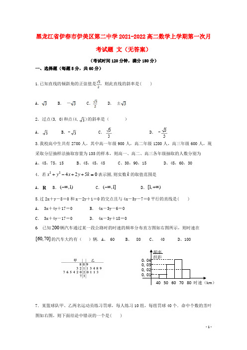 黑龙江省伊春市伊美区第二中学2021-2022高二数学上学期第一次月考试题 文(无答案)