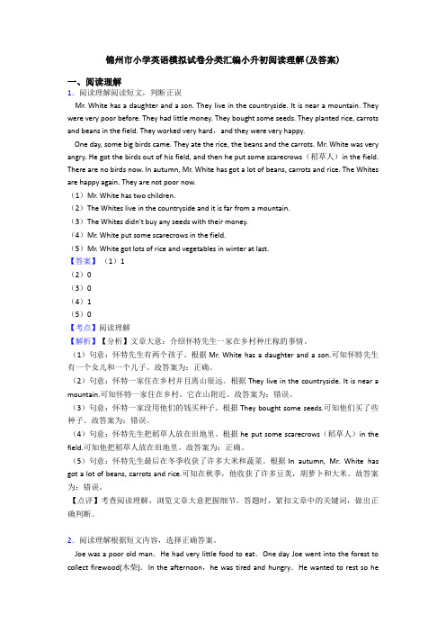 锦州市小学英语模拟试卷分类汇编小升初阅读理解(及答案)