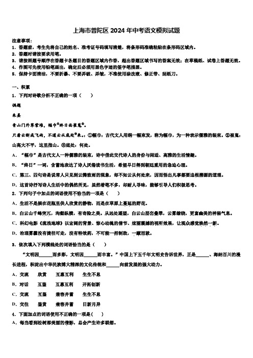 上海市普陀区2024年中考语文模拟试题含解析