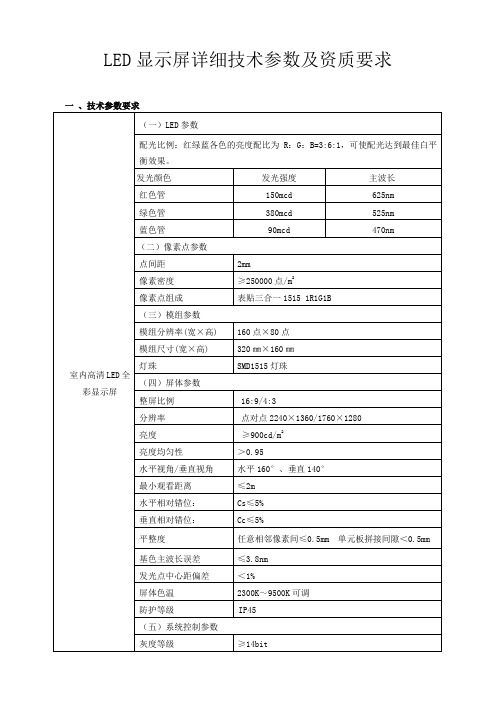 LED显示屏详细技术参数及资质要求