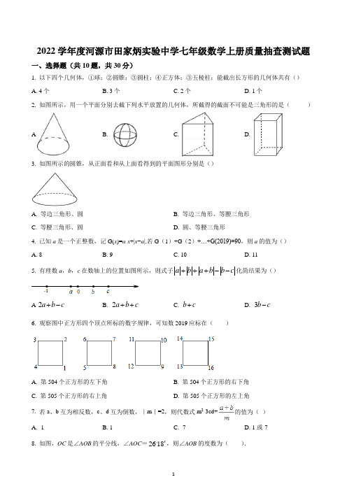 广东省河源市田家炳实验中学2022-2023学年七年级数学上学期质量抽查测试题