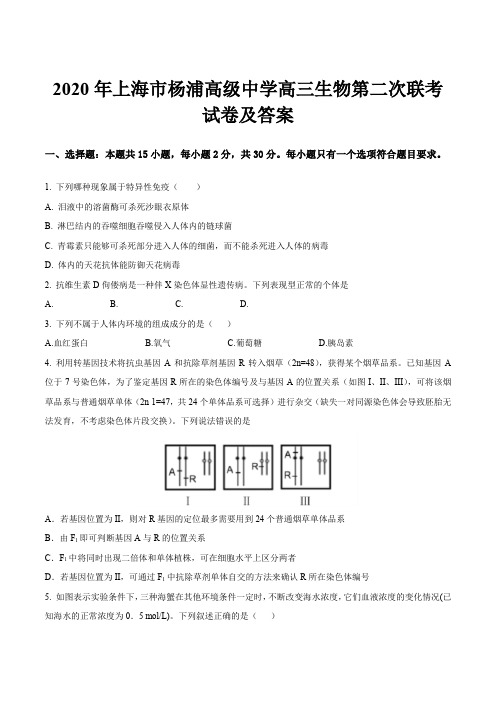 2020年上海市杨浦高级中学高三生物第二次联考试卷及答案