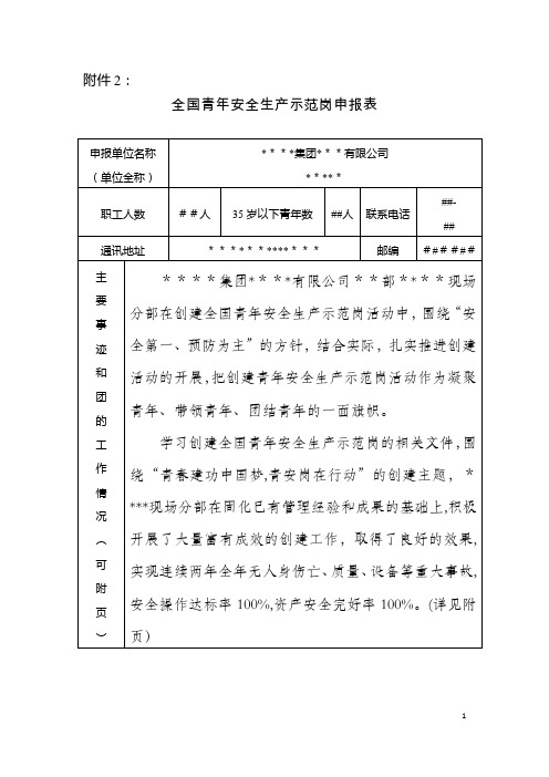 全国青年安全生产示范岗申报材料【范本模板】