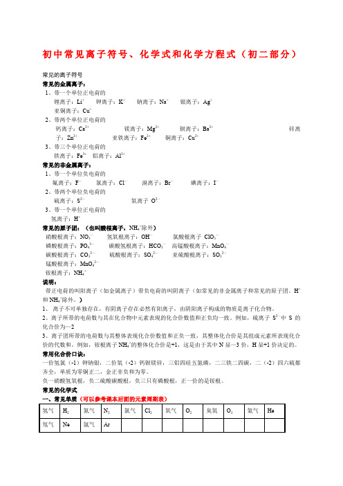 初中常见离子符号化学式和化学方程式