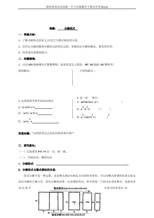 陕西省西安市高新一中八年级数学下册自学导案(14)