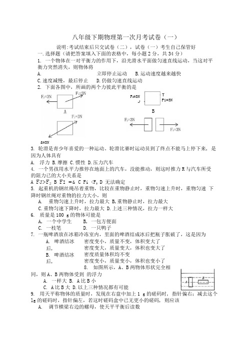 八年级下期物理第一次月考试题.docx