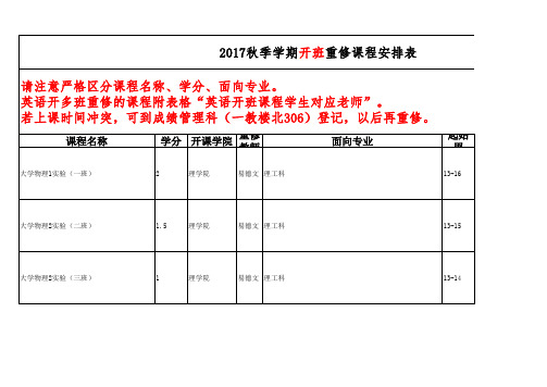 2017秋开班重修安排