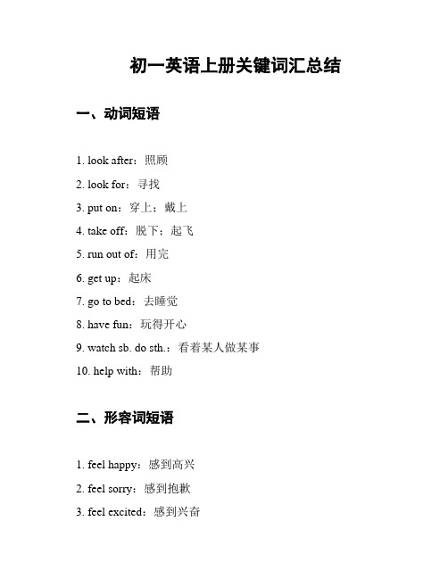 初一英语上册关键词汇总结