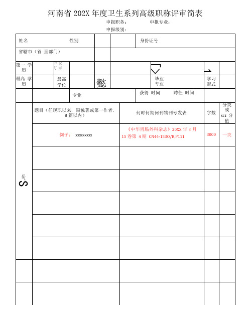 河南省2021年度卫生系列高级职称评审简表