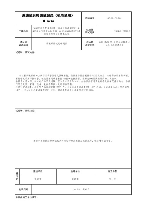 表C6-65系统试运转调试记录