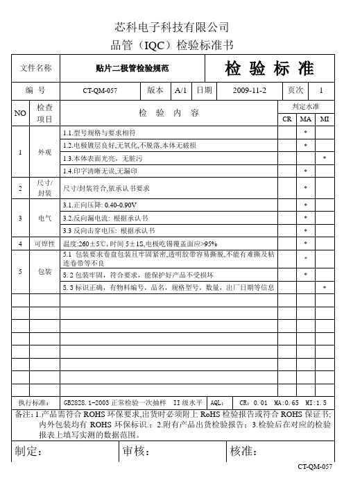 贴片二极管检验标准