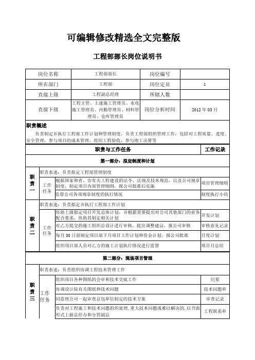 工程部岗位说明书精选全文