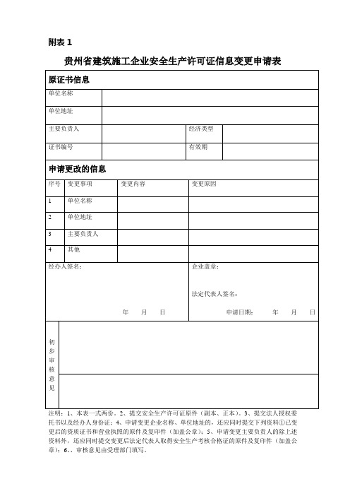 贵州省安全生产许可证变更表及需提供材料