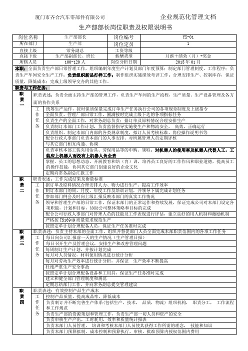 生产部部长岗位职责及权限说明书