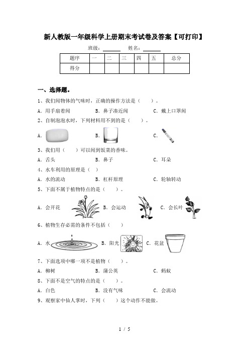 新人教版一年级科学上册期末考试卷及答案【可打印】