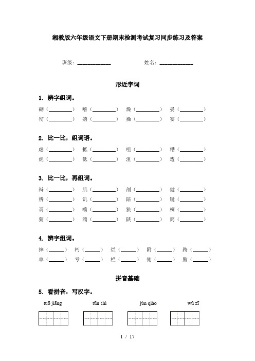 湘教版六年级语文下册期末检测考试复习同步练习及答案