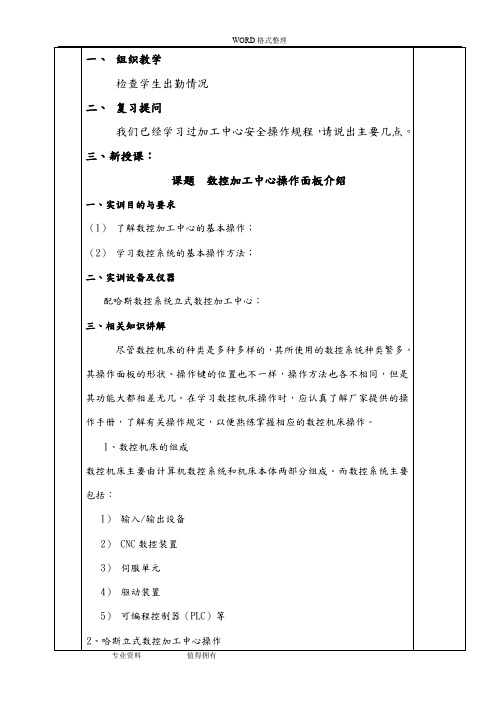 哈斯加工中心面板操作教学案