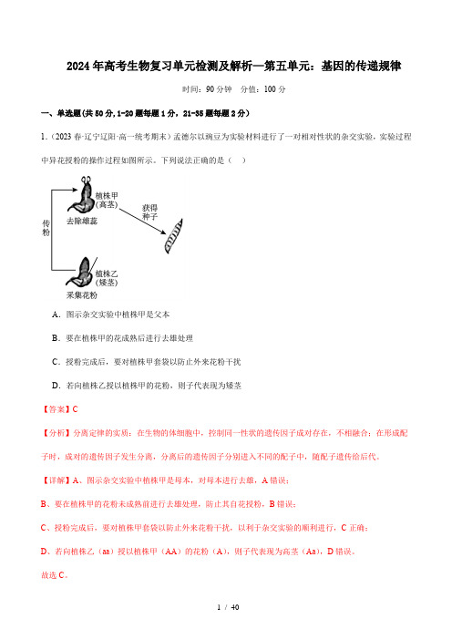 2024年高考生物复习单元检测及解析—第五单元：基因的传递规律