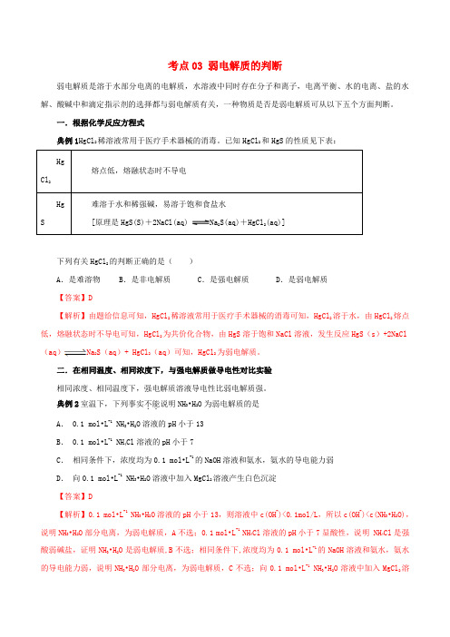 2020高考化学考点剖析考点03弱电解质的判断含解析