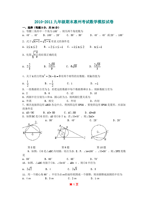 2010-2011九年级期末惠州考试数学模拟试卷