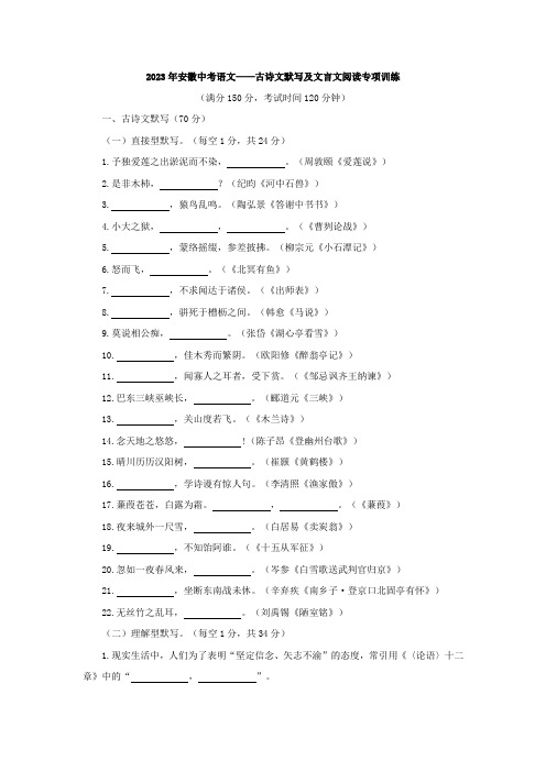 2023年安徽中考语文——古诗文默写及文言文阅读专项训练