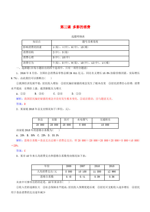 2018版高考政治一轮总复习第一部分第一单元生活与消费第三课多彩的消费限时训练