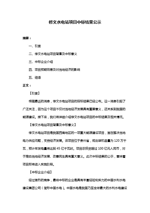 修文水电站项目中标结果公示