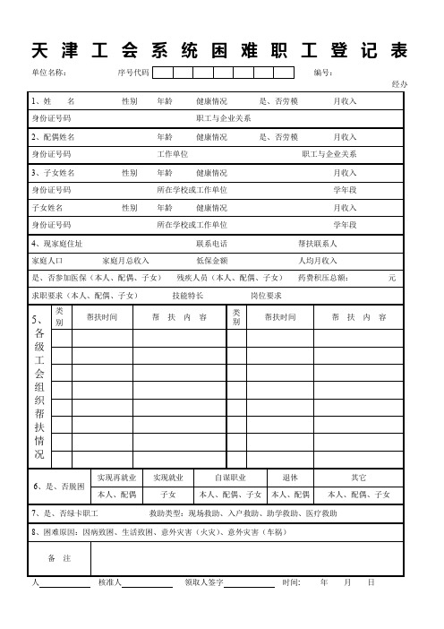 天津工会系统困难职工登记表