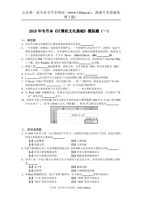 2015年专升本《计算机文化基础》模拟题