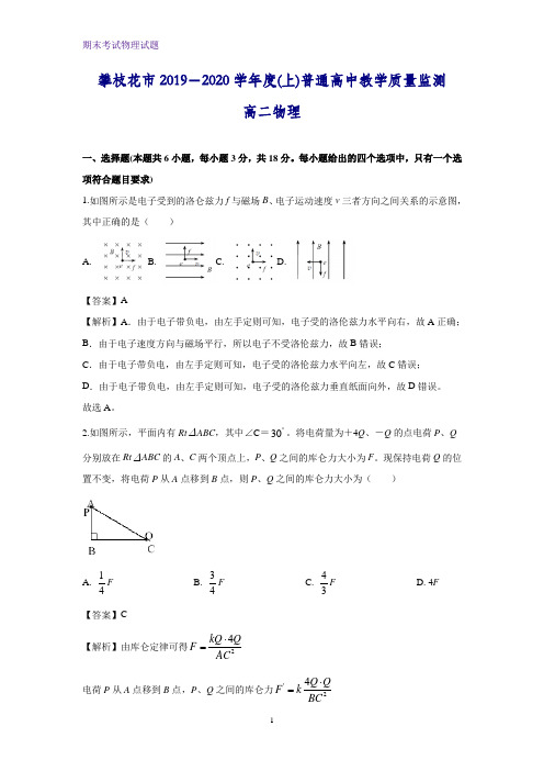 2019-2020学年四川省攀枝花市高二上学期普通高中教学质量监测物理试题(解析版)