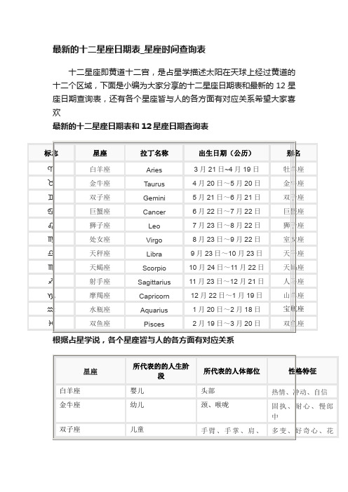 最新的十二星座日期表_星座时间查询表