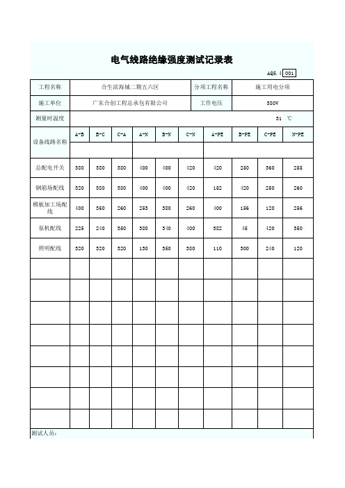 电气线路绝缘强度测试记录表.范本