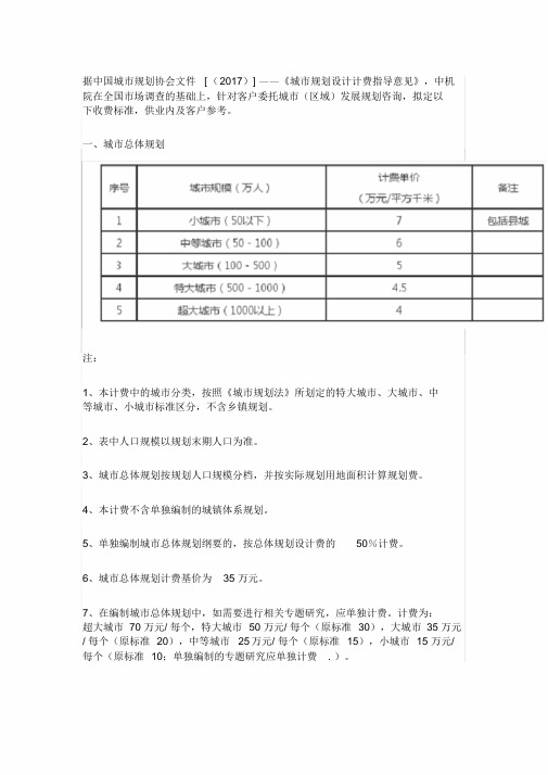 中国城市规划协会文件[(2017)]——《城市规划设计计费指导意见》