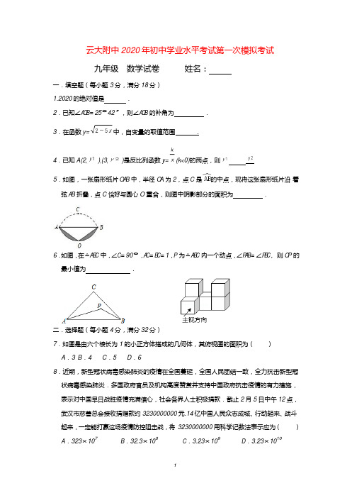 云大附中2020年初中学业水平考试数学第一次模拟考试及答案