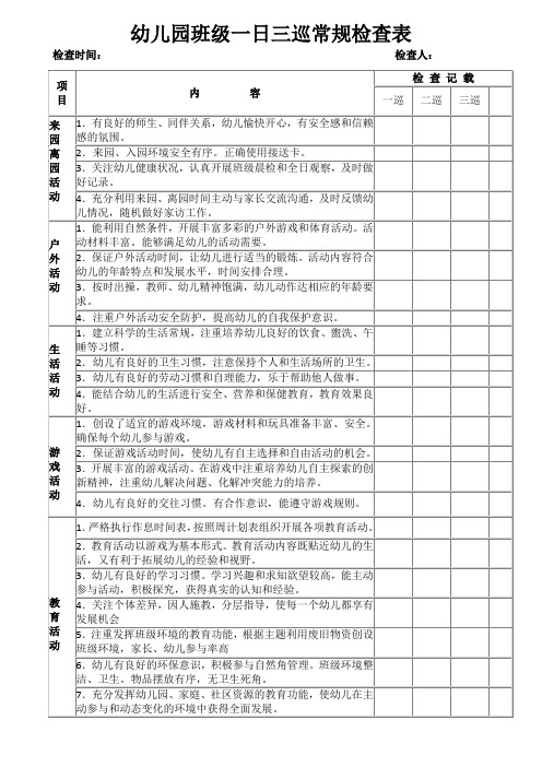 幼儿园班级一日三巡常规检查表