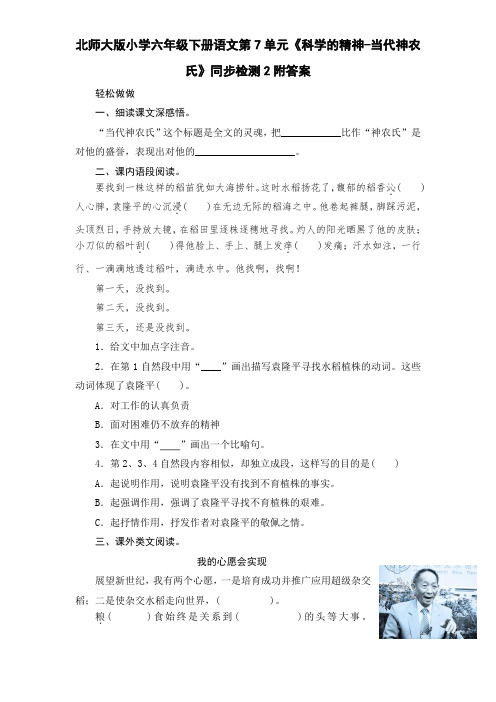 北师大版小学六年级下册语文第7单元《科学的精神-当代神农氏》同步检测2附答案