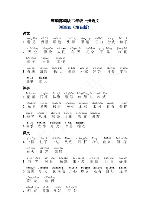 统编部编版二年级上册语文词语表(注音版)